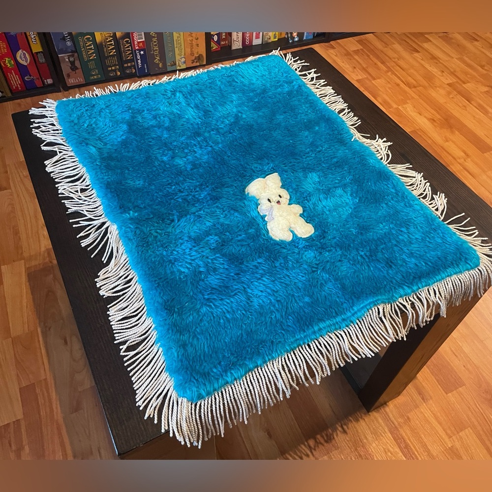 Vintage 1950s Baby Tummy Floor Cover Luxury Tassel Blanket Decor Bunny Felted